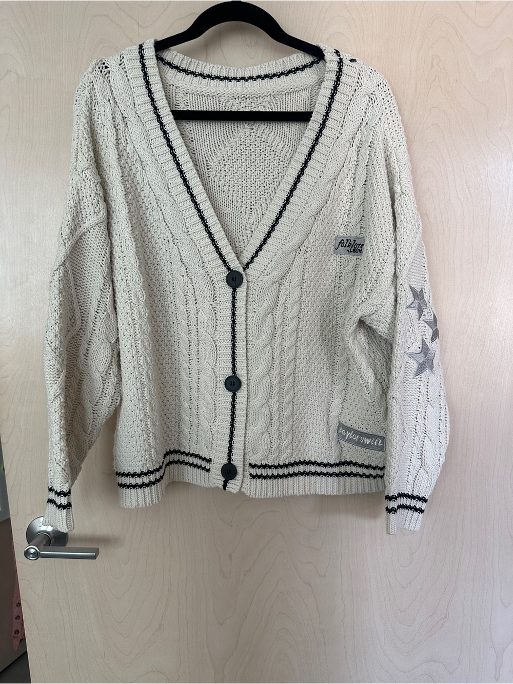 Taylor Swift Folklore Cream Cable-Knit Cardigan Sweater with Contrast Trim